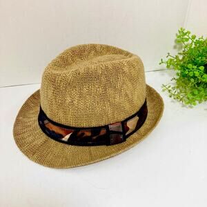 Tan woven jute fedora hat with camo hatband